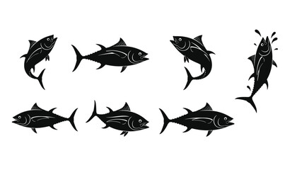 Fototapeta premium Set of eight black and white tuna fish silhouettes in various active swimming and leaping poses represents marine life and deep sea fishing.