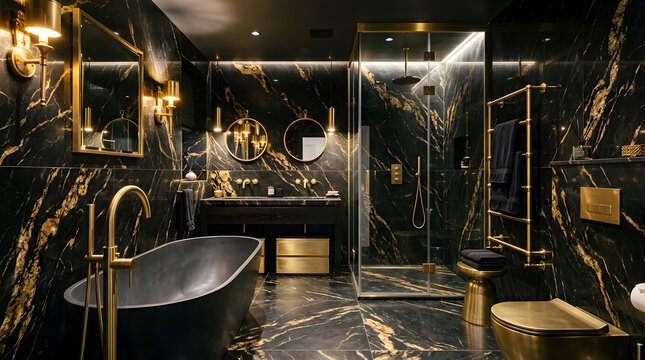 Luxury black marble bathroom design with gold fixtures | Modern master bathroom interior with freestanding tub and walk-in shower | Elegant dark marble tile decor for upscale home renovation | Contemp