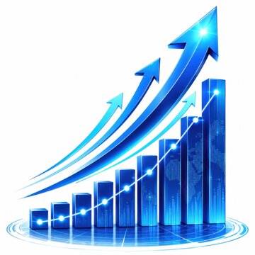 Blue bar chart showing business growth with rising arrows icon