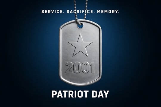 Metal dog tag pendant with silver star and year 2001 embossed on dark blue background for patriot day remembrance honoring military service sacrifice and memory.