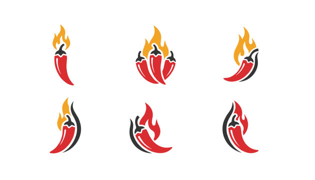 Six stylized hot red chili pepper logos with colorful flames representing spicy food level on a white background.