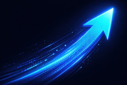 Bright glowing blue arrow pointing up with light particle trail effect
