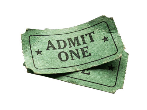 Two vintage green admit one paper tickets stacked against a white background for event access and entertainment