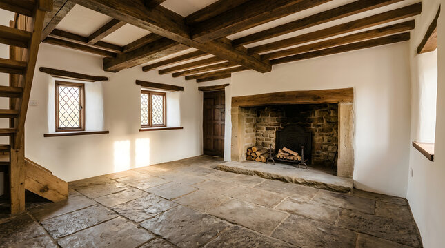rustic english cottage interior | historic home living room with fireplace | stone flagstone floor living room | traditional cottage interior design