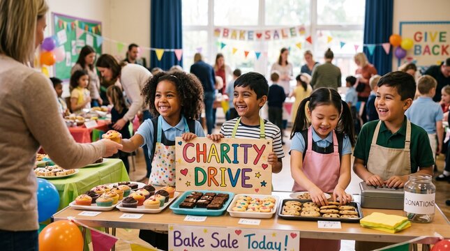 Diverse group of happy school children hosting a charity bake sale with homemade treats for a community cause
