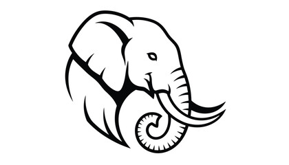 Fototapeta premium Bold black and white graphic logo of an elephant head with a curved trunk and large tusks, side profile view.