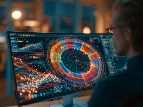 Modern fintech workspace featuring curved monitor with glowing abstract data charts, holographic interfaces, and investor silhouette. Cinematic lighting and copy space for corporate presentations.