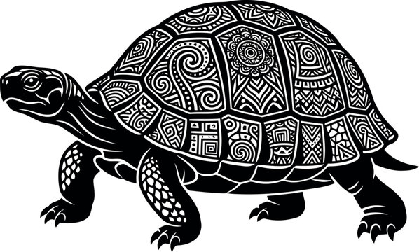 Intricate black and white illustration of a turtle with detailed geometric shell patterns