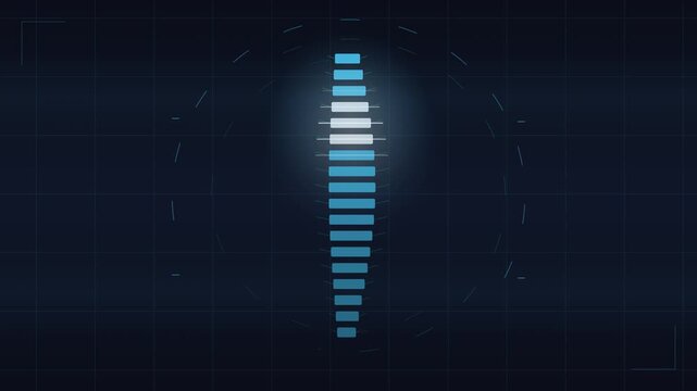 Futuristic Digital Equalizer Bar Graph Moving on Dark Grid Background