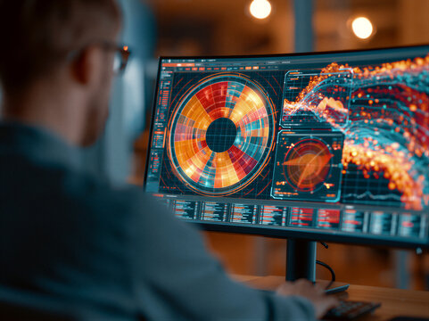 Modern fintech workspace featuring curved monitor with glowing abstract data charts, holographic interfaces, and investor silhouette. Cinematic lighting and copy space for corporate presentations.