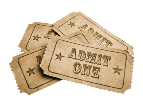 Vintage admit one paper tickets stacked together on a white background