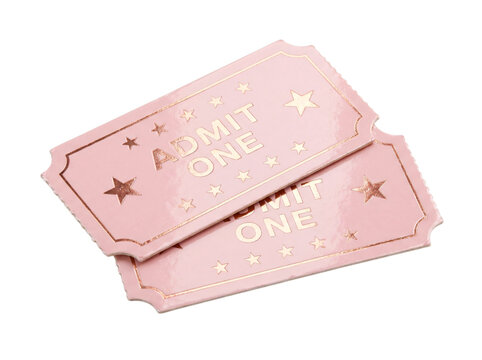 Two pink admit one tickets with gold foil star details isolated on white background