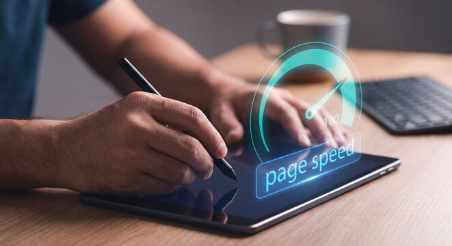 hands write on tablet beside glowing speedometer icon arrow needle and page speed panel