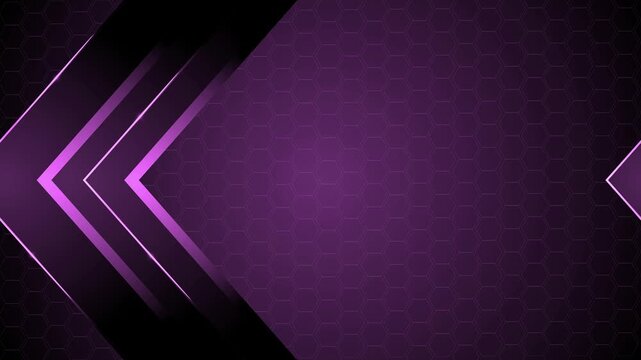 Dark geometric background with hexagonal pattern and layered glowing chevron arrows pointing left animation