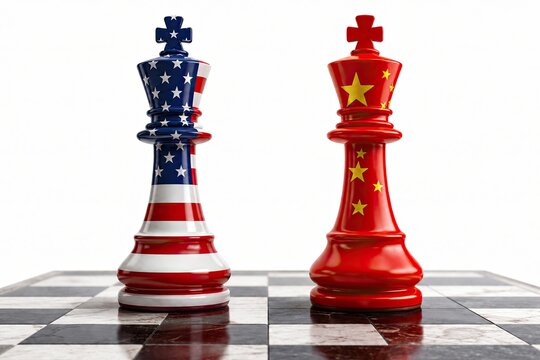 Chess kings with usa and china flags facing off on a game board