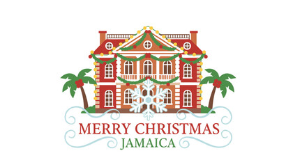 Naklejka premium Colorful Christmas greeting design for Jamaica featuring a decorated colonial mansion, palm trees, and a snowflake.