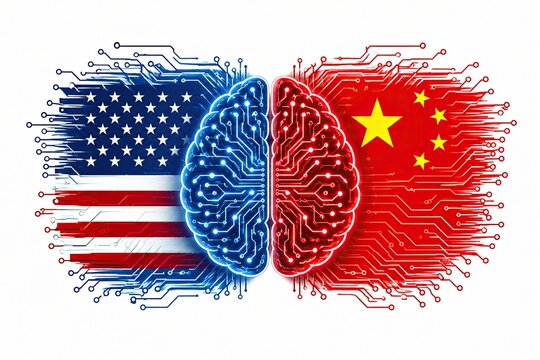 Abstract brain illustration with usa and china flags in color splash