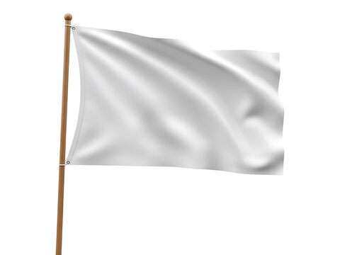 A blank white flag waving on a wooden pole against a plain white background