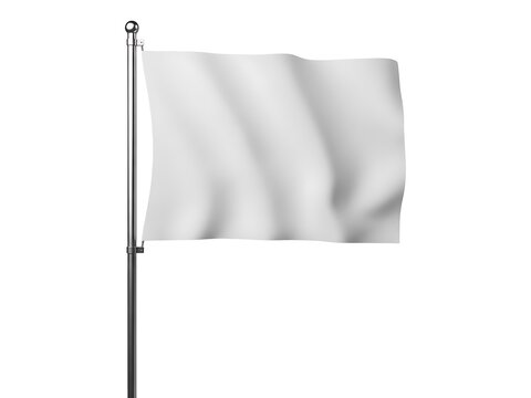 A realistic white blank flag waving on a metal pole against white background