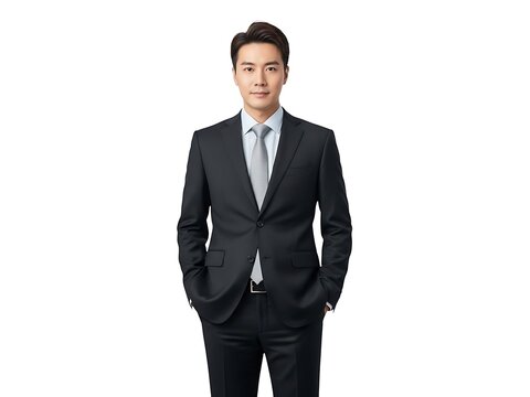 A confident young asian businessman standing in a formal black suit ensemble