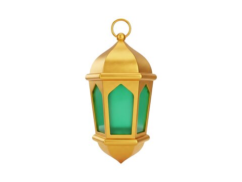 A beautiful golden ramadan lantern with vibrant green glass panels isolated