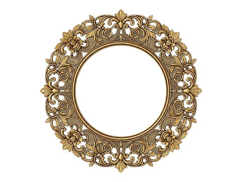 An ornate circular frame with intricate floral and scrollwork detailing