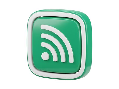 A three dimensional green rss feed icon on a clean white background surface