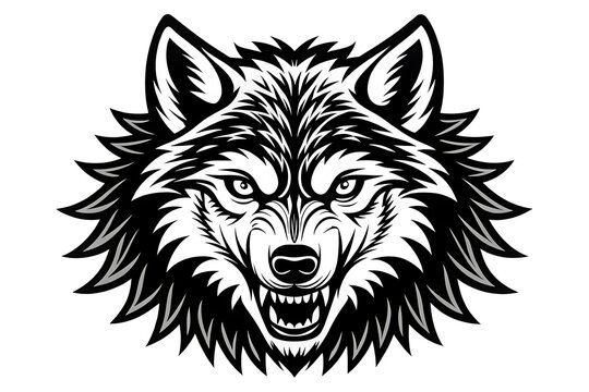 Black and white fierce wolf head illustration vector