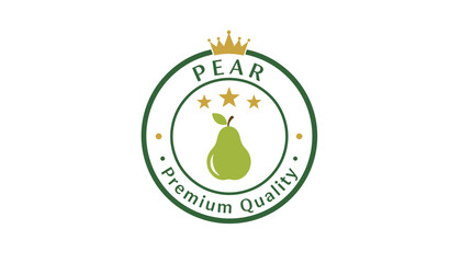 Fototapeta premium Premium quality pear fruit badge with a golden crown and three stars, representing high standard organic agriculture.