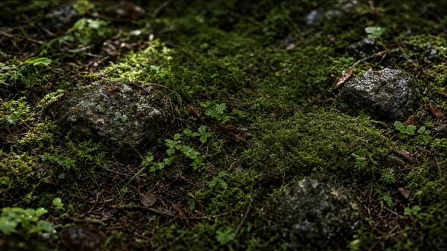 Mossy Nature Landscape with Lichen Covered Stone, Forest Texture and Cinematic Timelapse Background Evoking Quiet Woodland, Filtered Sunlight, Damp Ground and Rich Earthy Detail