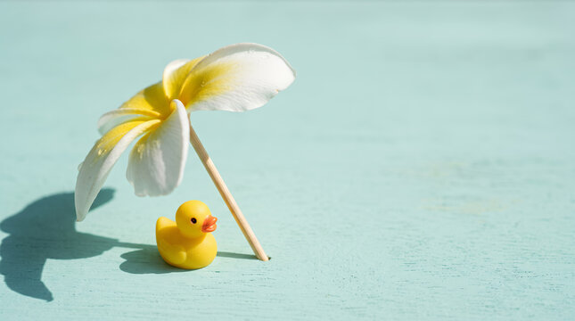 プルメリアの花の下にいる黄色いアヒル