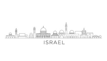 Obraz premium Panoramic thin line illustration of the historic city skyline of Israel, featuring temples, domes, and towers.