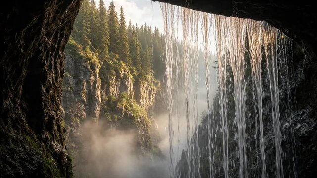 Cinematic waterfall cave nature landscape timelapse background with mist, evergreen forest, pine wilderness, rugged rocky cliff, tranquil sunlight, and waterfall curtain views capturing serene scenic