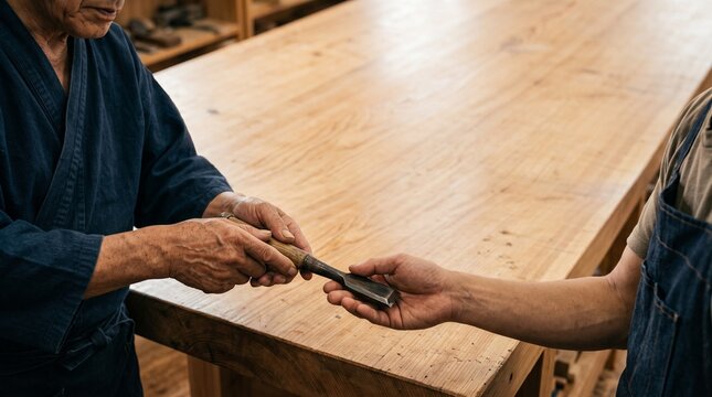 シニア男性から若い女性へ小物を手渡す世代間交流の手元