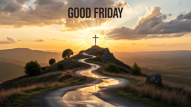 Good friday landscape with cross on a hill, winding road and golden sunset