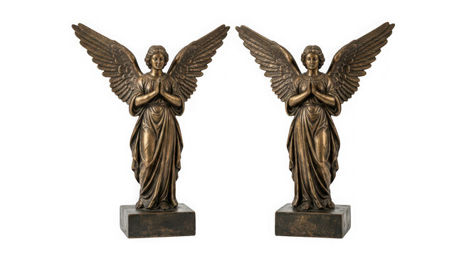 Two bronze angel statues with wings spread in prayer isolated on transparent background