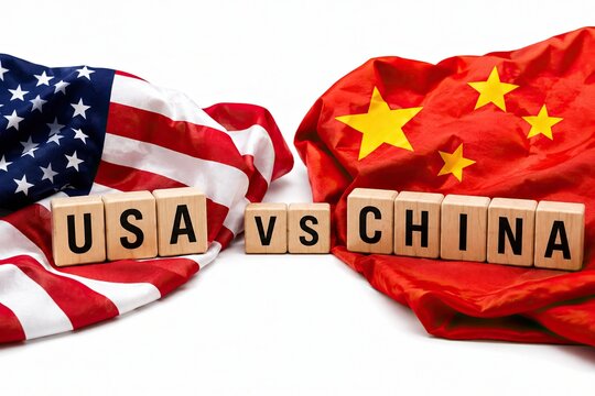 Usa and china flags with wooden blocks showing competition concept text