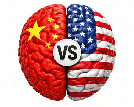 Human brain split with china and usa flags competing against each other