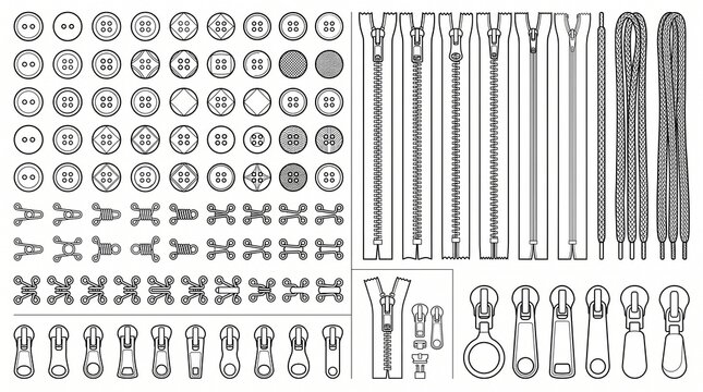 Extensive vector set of clothing fastener line icons featuring buttons, zippers, hooks, eyes, shoelaces, and metal sliders on white