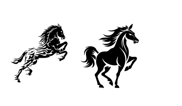 Rearing tribal fire horse and wild galloping stallion vector illustration icons set