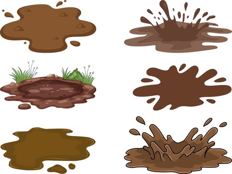 Mud puddles and splashes form a collection of brown wet dirt elements rendered in cartoon vector style.