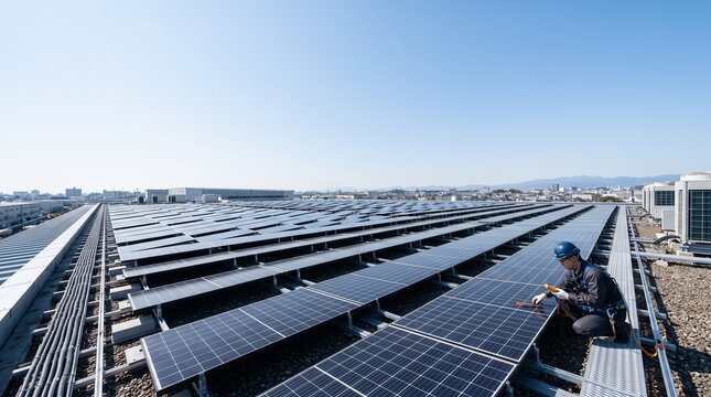 商業施設の太陽光パネルを点検する再生可能エネルギー技術者