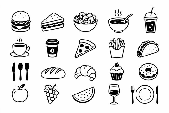 Set of black food and drink icons for restaurant menu or mobile app