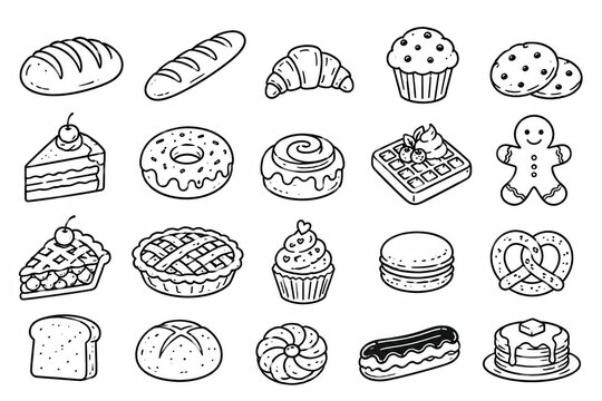 Set of black and white bakery and bread icons for food design