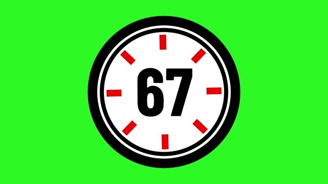 Animated number 67 with circular graphic elements on green screen ideal for chroma key editing, motion graphics, presentations. 67 days to go. 67 days left