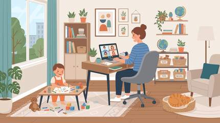 Fototapeta premium Mother working remotely on a video call while toddler plays in home office