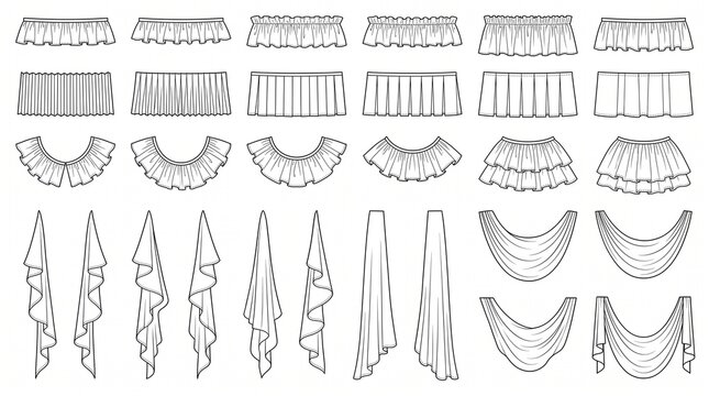 Comprehensive Set of Technical Fashion Sketches Illustrating Various Fabric Details Ruffles Pleats Drapes and Collars for Designers