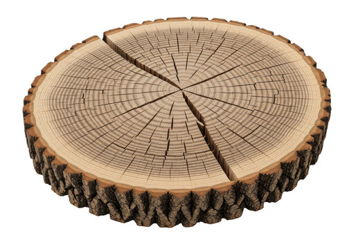 Cross section of a wooden log slice with bark isolated on transparent background