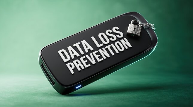 Data loss prevention concept with secure padlock on black drive against green background prevention background