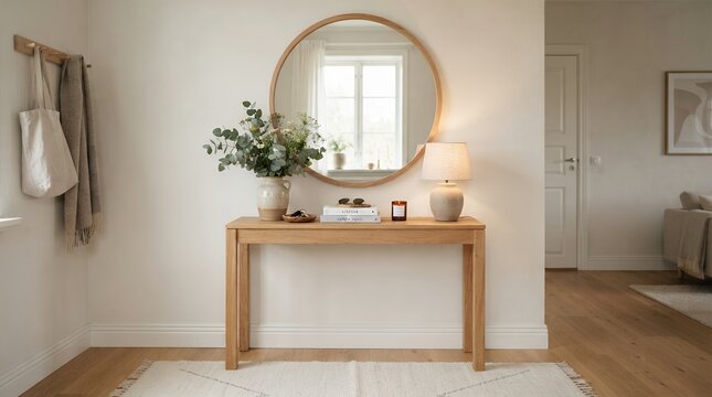 Modern entryway with console table and round mirror.